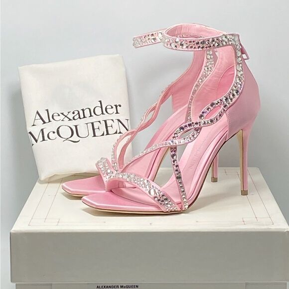 Alexander McQueen Crystal Satin Ankle-Cuff Cocktail Sandals size 37.5 - Picture 10 of 12